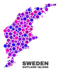 Mosaic Gotland Island map isolated on a white background. Vector geographic abstraction in pink and violet colors. Mosaic of Gotland Island map combined of random circle points.