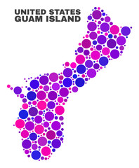 Mosaic Guam Island map isolated on a white background. Vector geographic abstraction in pink and violet colors. Mosaic of Guam Island map combined of random round points.