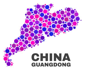 Mosaic Guangdong Province map isolated on a white background. Vector geographic abstraction in pink and violet colors. Mosaic of Guangdong Province map combined of scattered circle dots.