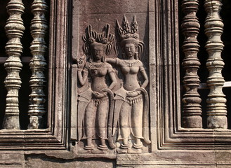 Apsara dancers stone carving on the wall of Angkor Wat temple, Siem Reap, Cambodia