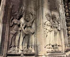 Apsara dancers stone carving on the wall of Angkor Wat temple, Siem Reap, Cambodia
