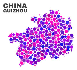 Mosaic Guizhou Province map isolated on a white background. Vector geographic abstraction in pink and violet colors. Mosaic of Guizhou Province map combined of random spheric dots.