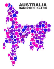 Fototapeta premium Mosaic Hamilton Island map isolated on a white background. Vector geographic abstraction in pink and violet colors. Mosaic of Hamilton Island map combined of scattered round dots.