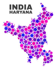 Mosaic Haryana State map isolated on a white background. Vector geographic abstraction in pink and violet colors. Mosaic of Haryana State map combined of random spheric items.