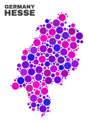 Mosaic Hesse Land map isolated on a white background. Vector geographic abstraction in pink and violet colors. Mosaic of Hesse Land map combined of scattered circle points.