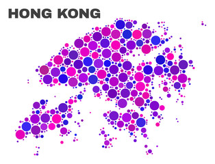 Mosaic Hong Kong map isolated on a white background. Vector geographic abstraction in pink and violet colors. Mosaic of Hong Kong map combined of random spheric points.