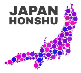 Mosaic Honshu Island map isolated on a white background. Vector geographic abstraction in pink and violet colors. Mosaic of Honshu Island map combined of random spheric elements.