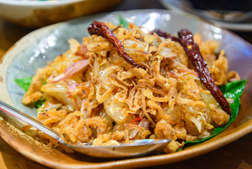 Thai style, Spicy fruit salad with pomelo and dry red pepper.