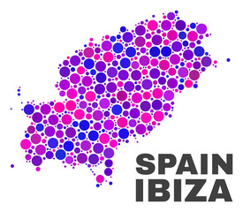 Mosaic Ibiza Island map isolated on a white background. Vector geographic abstraction in pink and violet colors. Mosaic of Ibiza Island map combined of scattered circle elements.