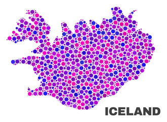 Mosaic Iceland map isolated on a white background. Vector geographic abstraction in pink and violet colors. Mosaic of Iceland map combined of random spheric points.