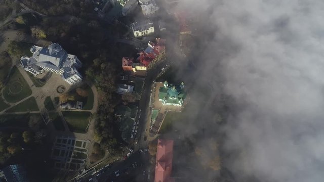 Aerial view of St. Andrew Church early in the morning in the fog, Kiev, Ukraine