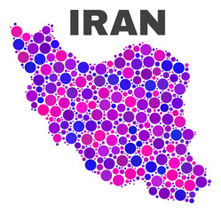 Mosaic Iran map isolated on a white background. Vector geographic abstraction in pink and violet colors. Mosaic of Iran map combined of random round points. Bright colored model for political posters.