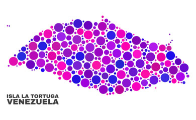 Mosaic Isla La Tortuga map isolated on a white background. Vector geographic abstraction in pink and violet colors. Mosaic of Isla La Tortuga map combined of scattered circle elements.
