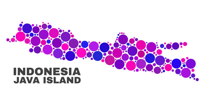Mosaic Java Island map isolated on a white background. Vector geographic abstraction in pink and violet colors. Mosaic of Java Island map combined of random spheric elements.