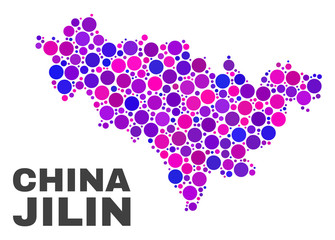 Mosaic Jilin Province map isolated on a white background. Vector geographic abstraction in pink and violet colors. Mosaic of Jilin Province map combined of random round dots.