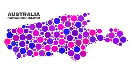 Mosaic Kangaroo Island map isolated on a white background. Vector geographic abstraction in pink and violet colors. Mosaic of Kangaroo Island map combined of scattered round items.