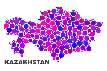 Mosaic Kazakhstan map isolated on a white background. Vector geographic abstraction in pink and violet colors. Mosaic of Kazakhstan map combined of scattered round points.