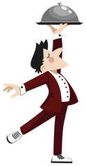 Waiter character carying a tray, vector illustration