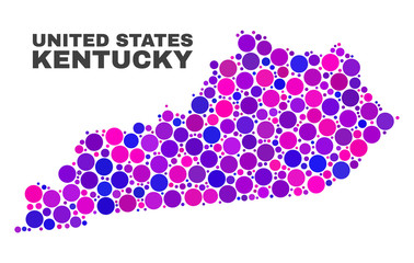 Mosaic Kentucky State map isolated on a white background. Vector geographic abstraction in pink and violet colors. Mosaic of Kentucky State map combined of random round items.