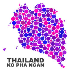 Mosaic Ko Pha Ngan map isolated on a white background. Vector geographic abstraction in pink and violet colors. Mosaic of Ko Pha Ngan map combined of random circle dots.