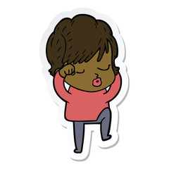 sticker of a cartoon woman with eyes shut