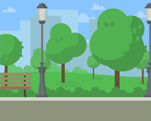 City summer park with green trees bench, walkway and lantern. Vector illustration