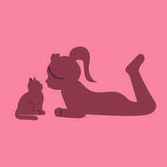 Cute girl and cat silhouettes vector illustration