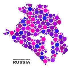 Mosaic Krasnodarskiy Kray map isolated on a white background. Vector geographic abstraction in pink and violet colors. Mosaic of Krasnodarskiy Kray map combined of scattered round dots.