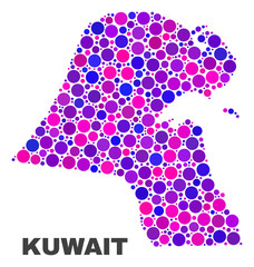 Mosaic Kuwait map isolated on a white background. Vector geographic abstraction in pink and violet colors. Mosaic of Kuwait map combined of random circle dots.