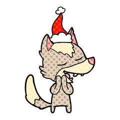 comic book style illustration of a wolf laughing wearing santa hat