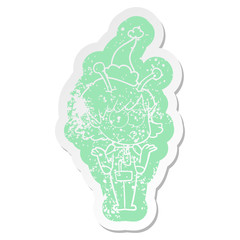 cartoon distressed sticker of a alien girl wearing santa hat