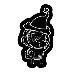cartoon icon of a happy spacegirl holding moon rock wearing santa hat