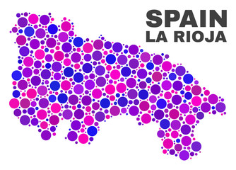 Mosaic La Rioja of Spain map isolated on a white background. Vector geographic abstraction in pink and violet colors. Mosaic of La Rioja of Spain map combined of scattered spheric elements.