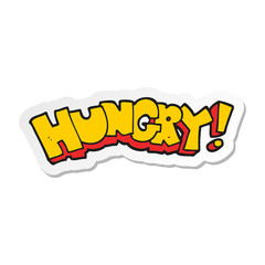sticker of a cartoon hungry text
