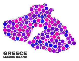 Mosaic Lesbos Island map isolated on a white background. Vector geographic abstraction in pink and violet colors. Mosaic of Lesbos Island map combined of random spheric dots.