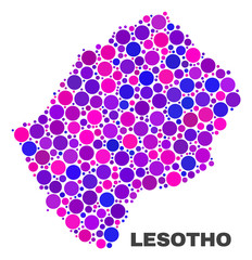 Mosaic Lesotho map isolated on a white background. Vector geographic abstraction in pink and violet colors. Mosaic of Lesotho map composed from random circle dots.