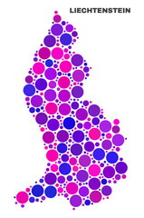 Mosaic Liechtenstein map isolated on a white background. Vector geographic abstraction in pink and violet colors. Mosaic of Liechtenstein map combined of random spheric points.