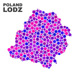 Mosaic Lodz Voivodeship map isolated on a white background. Vector geographic abstraction in pink and violet colors. Mosaic of Lodz Voivodeship map combined of scattered round elements.