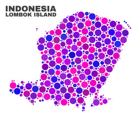 Mosaic Lombok Island map isolated on a white background. Vector geographic abstraction in pink and violet colors. Mosaic of Lombok Island map combined of random round items.