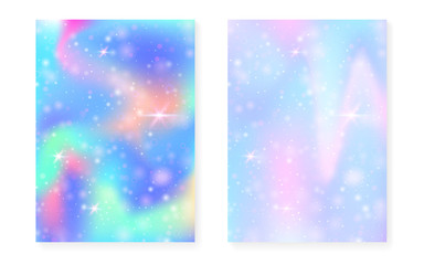 Magic background with princess rainbow gradient. Kawaii unicorn hologram. Holographic fairy set. Stylish fantasy cover. Magic background with sparkles and stars for cute girl party invitation.