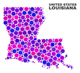 Mosaic Louisiana State map isolated on a white background. Vector geographic abstraction in pink and violet colors. Mosaic of Louisiana State map combined of scattered spheric items.