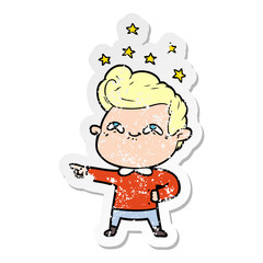 distressed sticker of a cartoon excited man