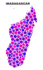 Mosaic Madagascar Island map isolated on a white background. Vector geographic abstraction in pink and violet colors. Mosaic of Madagascar Island map combined of scattered round elements.