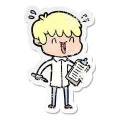 distressed sticker of a cartoon laughing boy