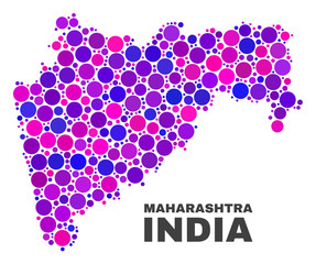 Mosaic Maharashtra State map isolated on a white background. Vector geographic abstraction in pink and violet colors. Mosaic of Maharashtra State map combined of scattered circle elements.