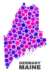 Mosaic Maine Land map isolated on a white background. Vector geographic abstraction in pink and violet colors. Mosaic of Maine Land map combined of random spheric points.