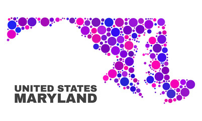 Mosaic Maryland State map isolated on a white background. Vector geographic abstraction in pink and violet colors. Mosaic of Maryland State map combined of scattered round elements.