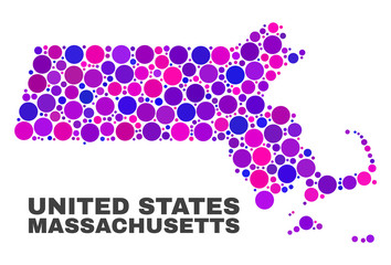Mosaic Massachusetts State map isolated on a white background. Vector geographic abstraction in pink and violet colors. Mosaic of Massachusetts State map combined of scattered spheric dots.