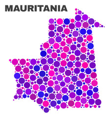 Mosaic Mauritania map isolated on a white background. Vector geographic abstraction in pink and violet colors. Mosaic of Mauritania map combined of random spheric items.