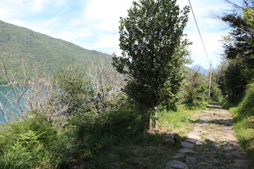 Hiking trail around Lake Mergozzo in summer, Italy